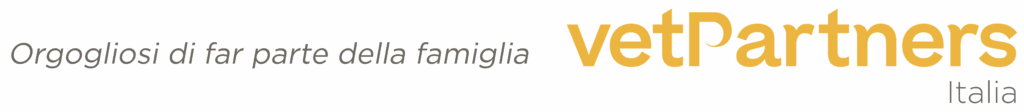 Testo in italiano: Orgogliosi di far parte della famiglia VetPartners Italia. Il testo è stilizzato con la scritta VetPartners in grassetto e color oro, mentre il resto è in grigio.