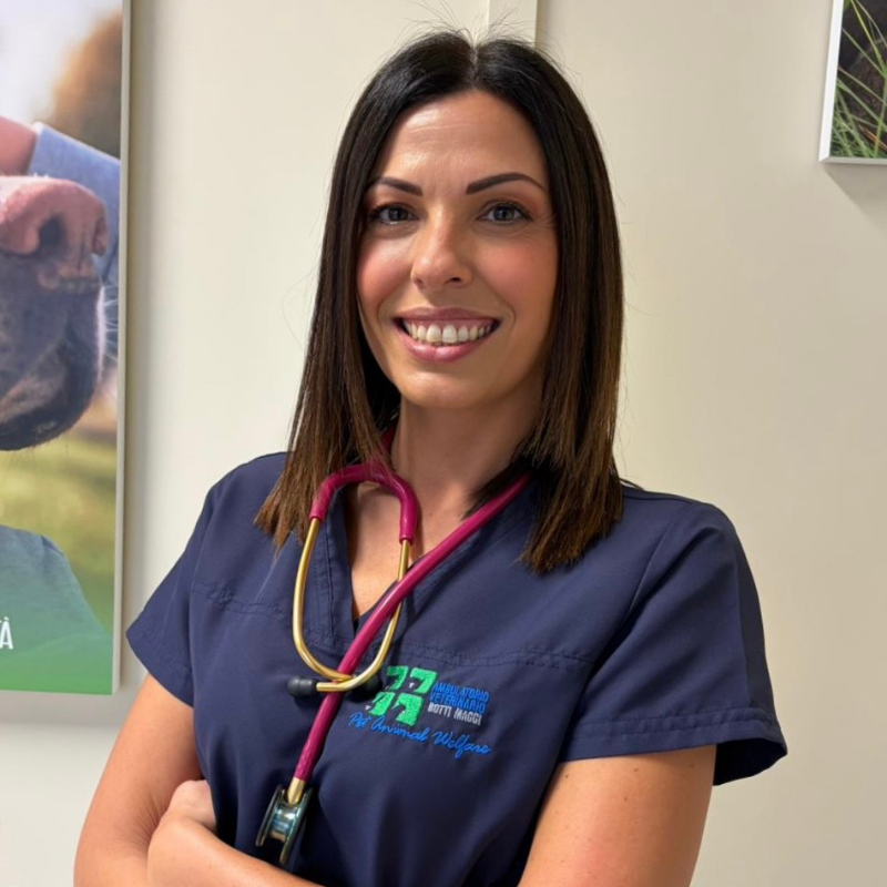 24.1 Primo piano della Dott.ssa Rossana Motti, Direttore Sanitario e veterinaria dell'Ambulatorio Veterinario Botti Maggi. Una donna con i capelli lisci e castani, che indossa un camice blu navy e uno stetoscopio al collo, sta sorridendo con le braccia incrociate in un ambiente clinico.