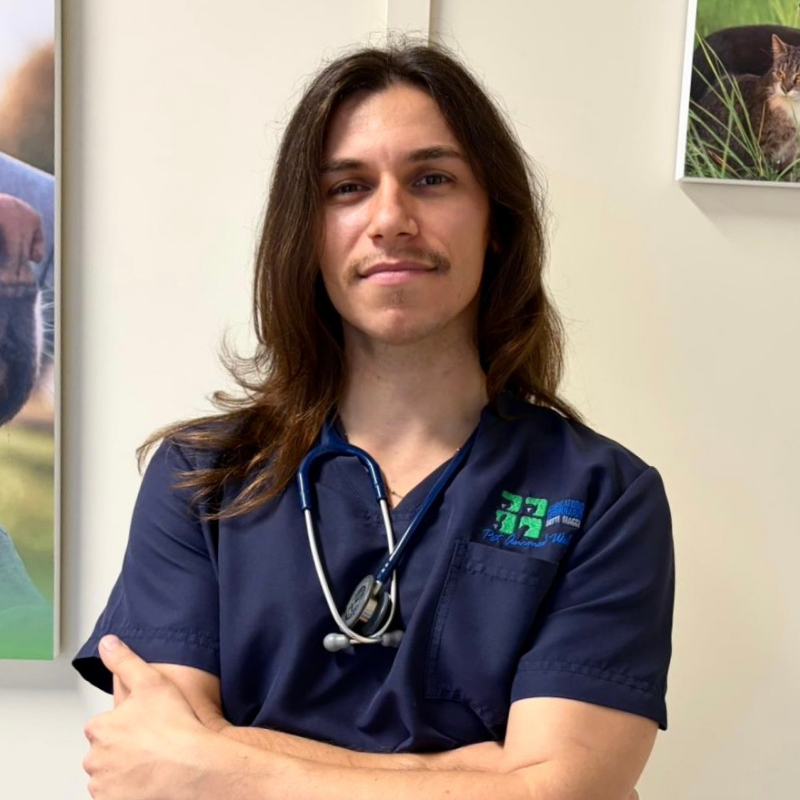 25.1 Primo piano del Dott. Antonio Evangelista veterinario dell'Ambulatorio Veterinario Botti Maggi. Un giovane uomo con lunghi capelli castani e baffi, che indossa un camice da medico blu navy e uno stetoscopio al collo, sta in piedi con le braccia incrociate.