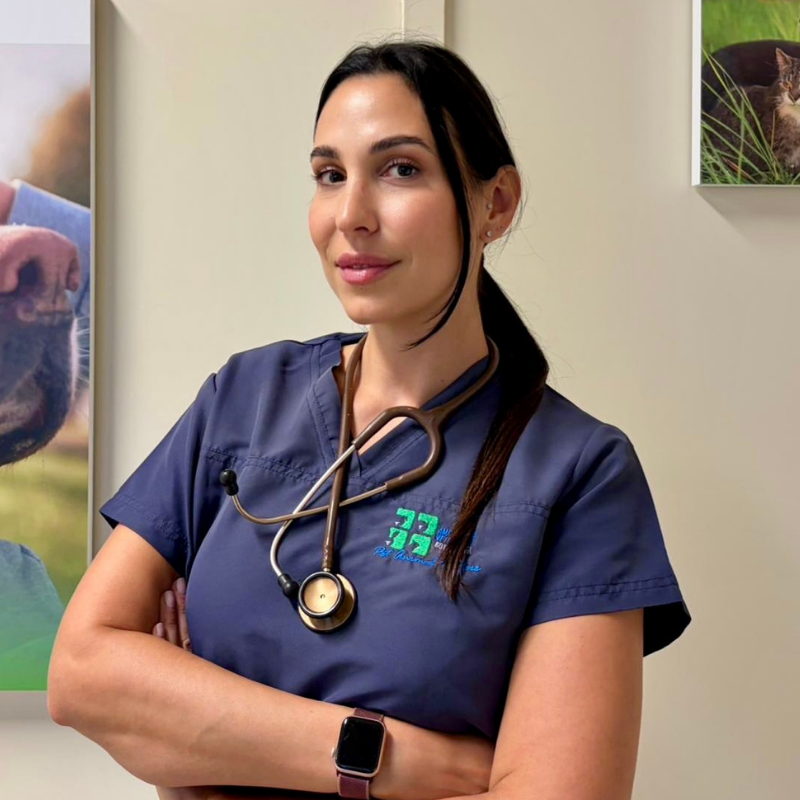 27.1 Primo piano della Dott.ssa Chiara Maggioni veterinaria dell'Ambulatorio Veterinario Botti Maggi. Una donna in camice medico con uno stetoscopio al collo sta in piedi con le braccia incrociate e guarda la telecamera. Ha lunghi capelli scuri tirati indietro e indossa uno smartwatch.