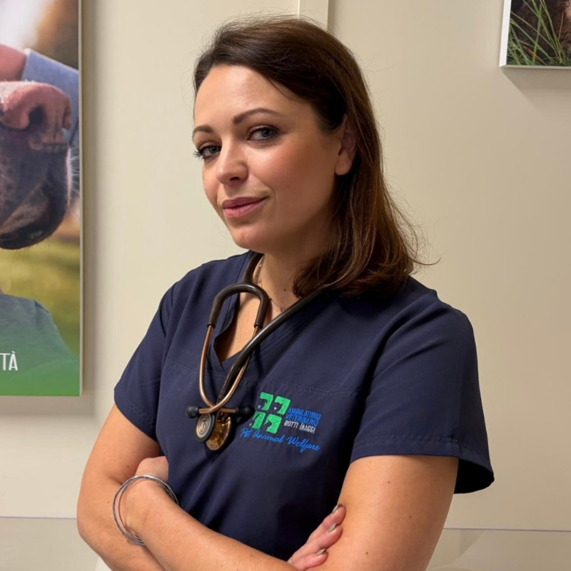 28.1 Primo piano della Dott.ssa Sara Casalino veterinaria dell'Ambulatorio Veterinario Botti Maggi. Una donna in camice blu navy con uno stetoscopio al collo sta in piedi con le braccia incrociate, sorridendo con sicurezza.