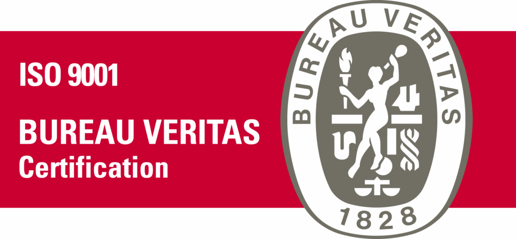 BV_certification_9001_tracciati Banner bianco e rosso con la scritta ISO 9001 BUREAU VERITAS Certification accanto al logo Bureau Veritas, che raffigura una figura con torcia e scudo, circondata da BUREAU VERITAS 1828.